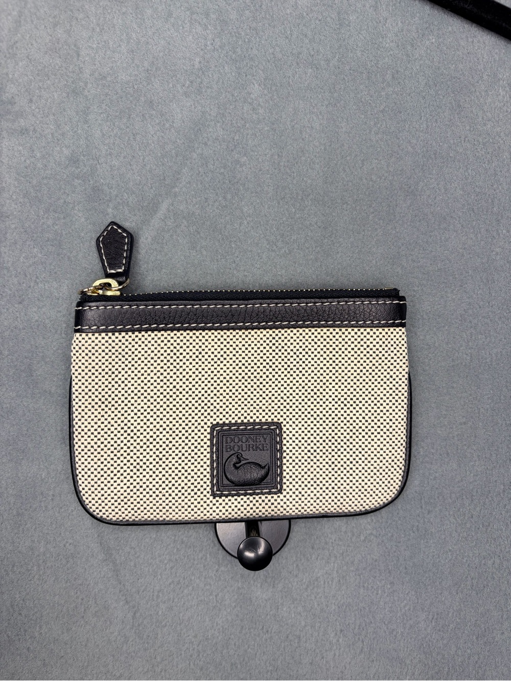 Dooney & Bourke Beige Canvas Zip Card Pouch with Black Trim